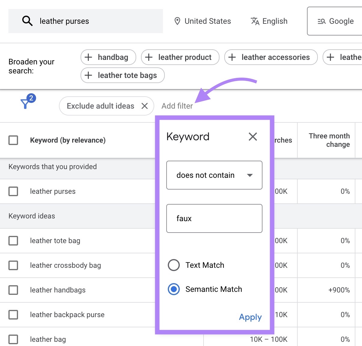 Adding a filter to exclude keywords on Google Keyword Planner.
