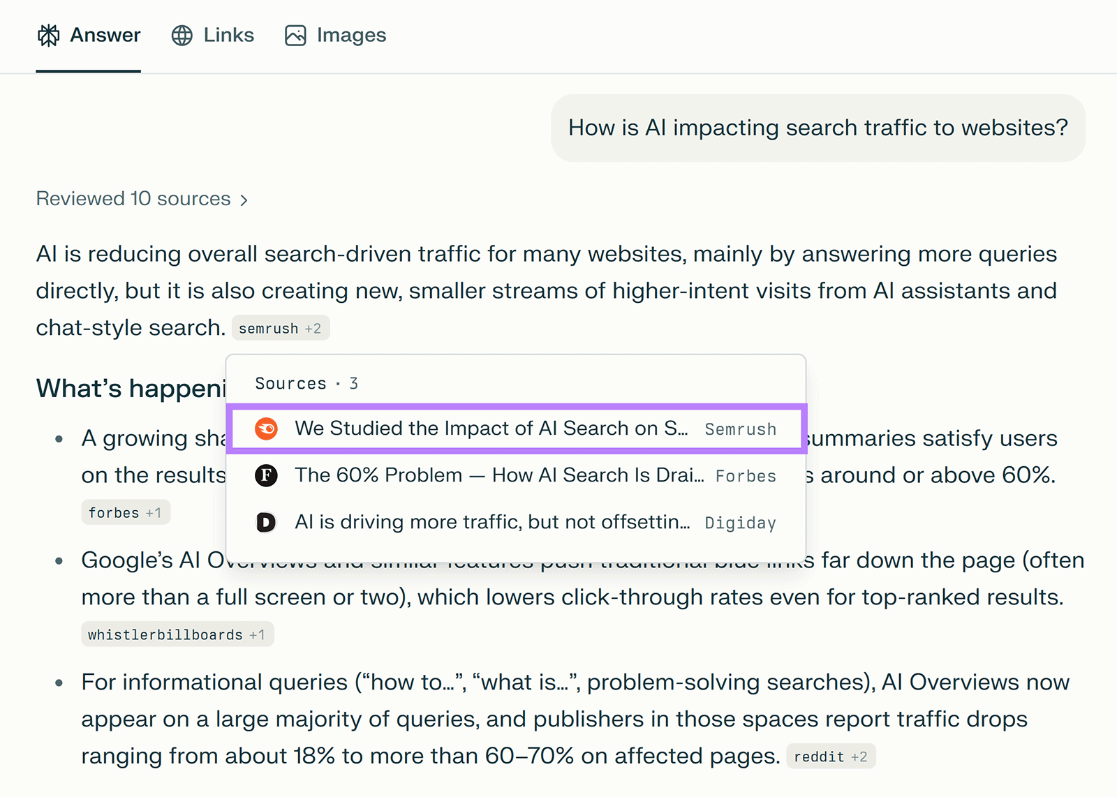 Semrush study as source highlighted in Perplexity's Sources popup.