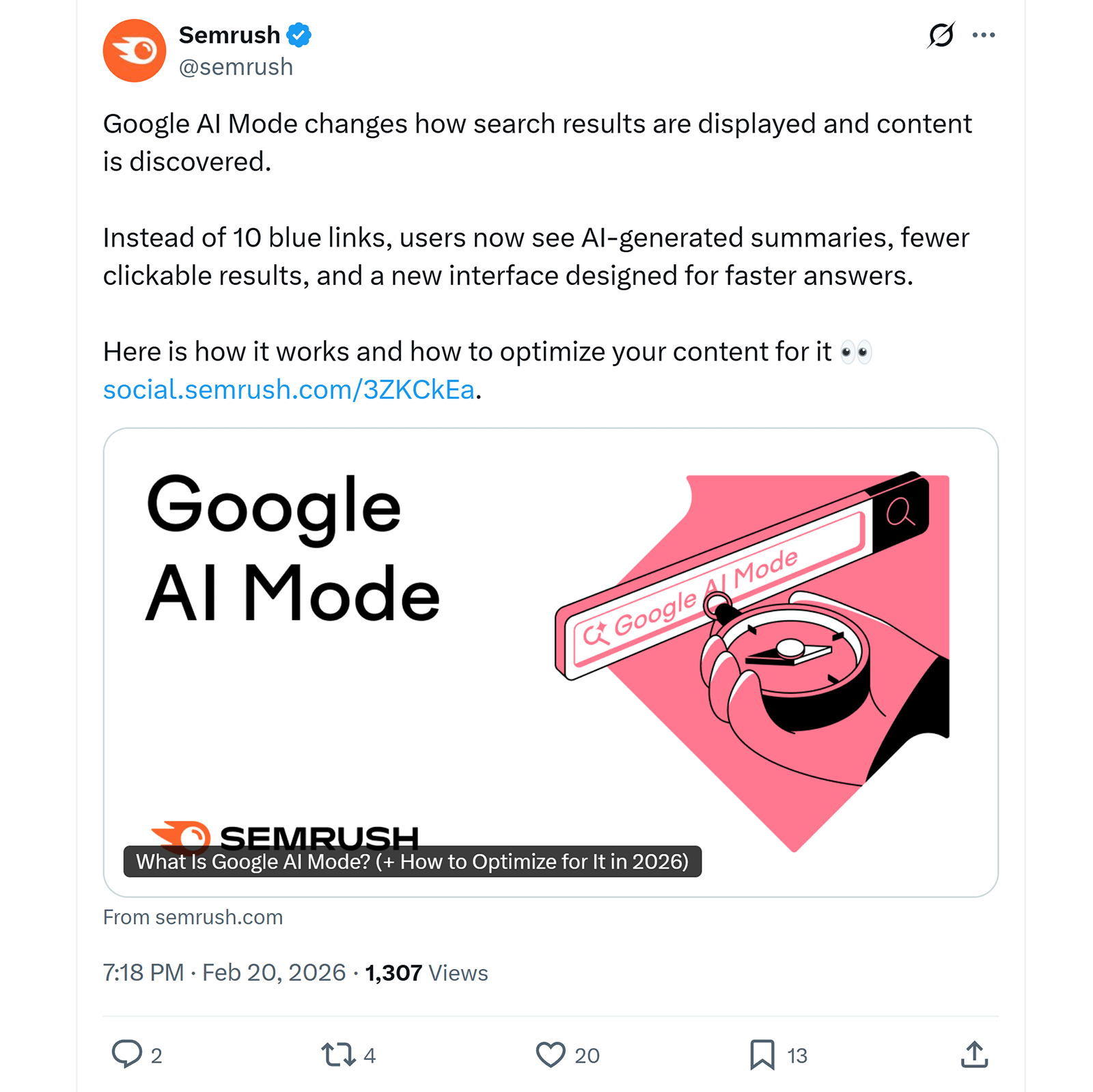 Semrush X post preview about Google AI Mode with link and engagement metrics.
