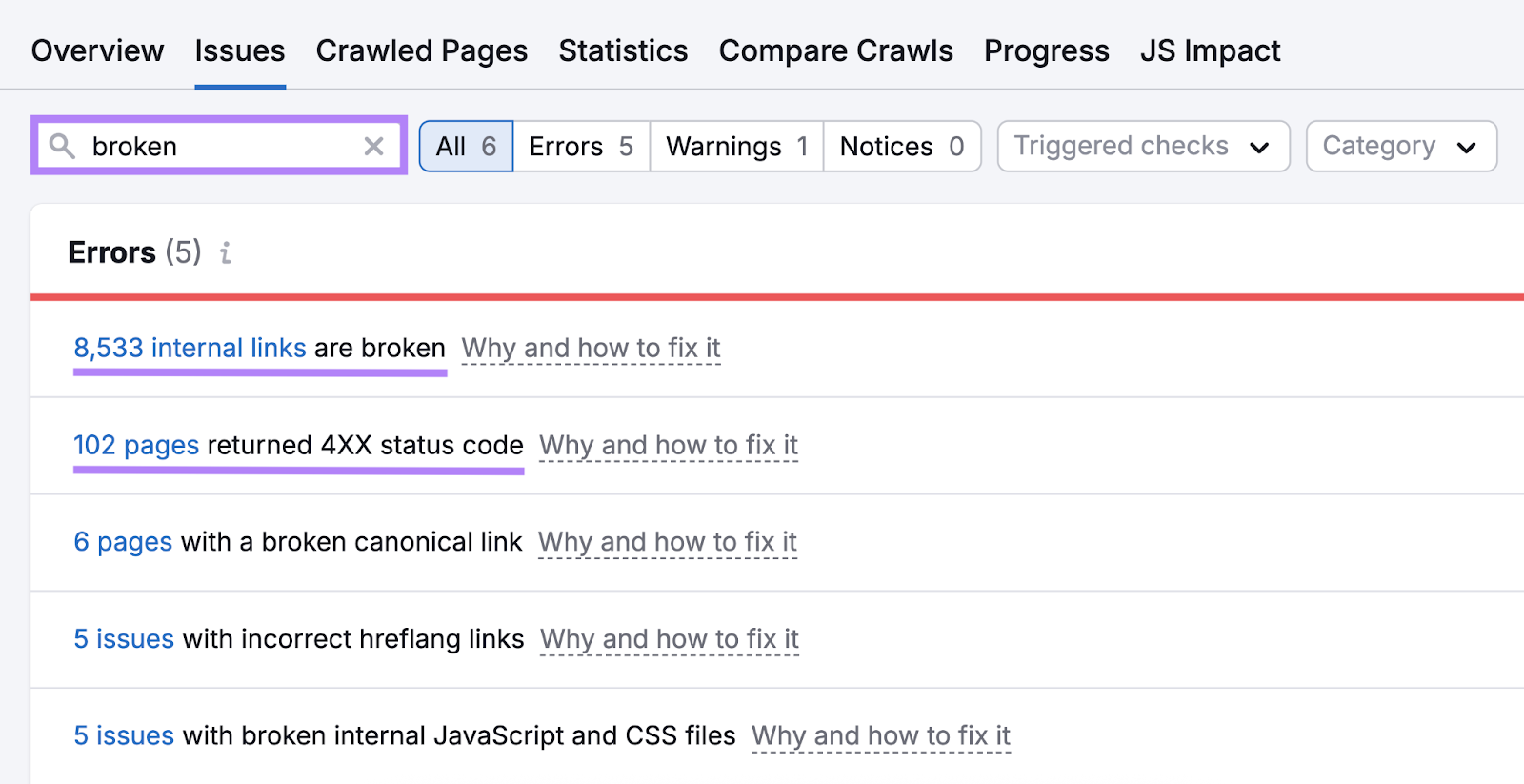 Broken links and 4XX status code pages in Semrush's Site Audit tool.
