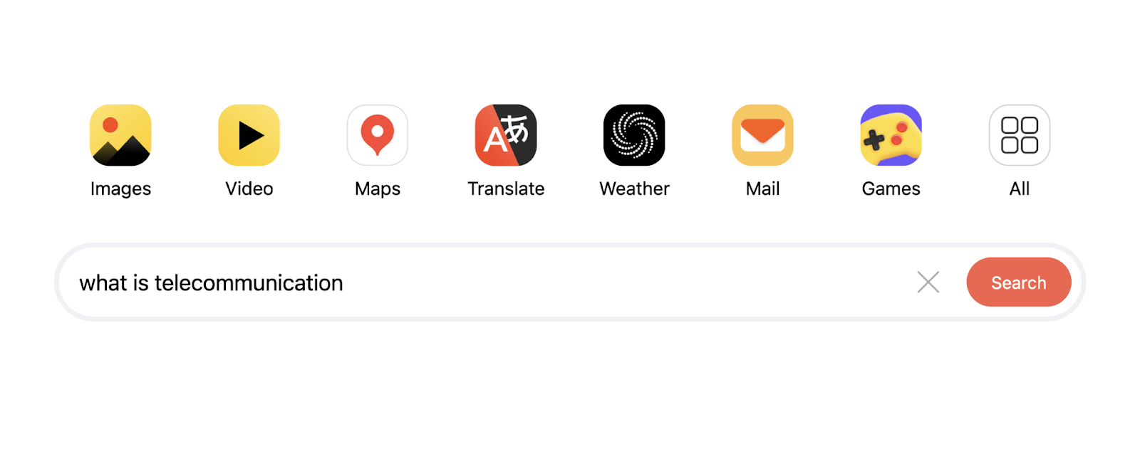 Yandex search engine homepage allows you to search with a text input, or for images, video, maps, translate, weather, mail, and games.