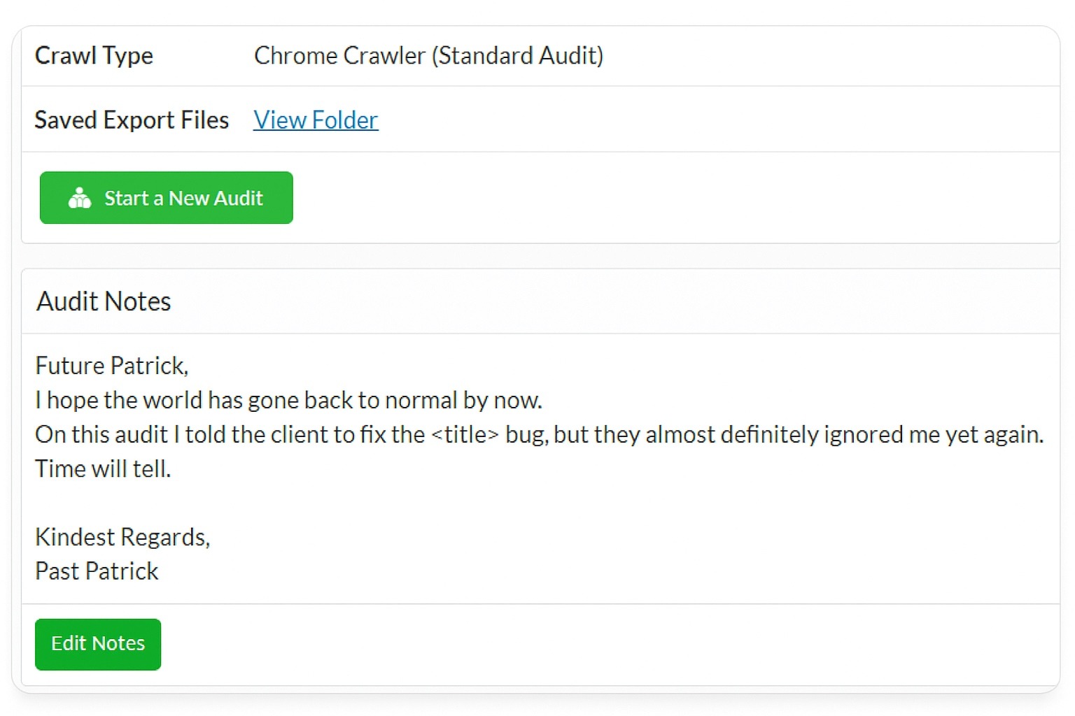 The "Audit Notes" window on the Sitebulb tool.