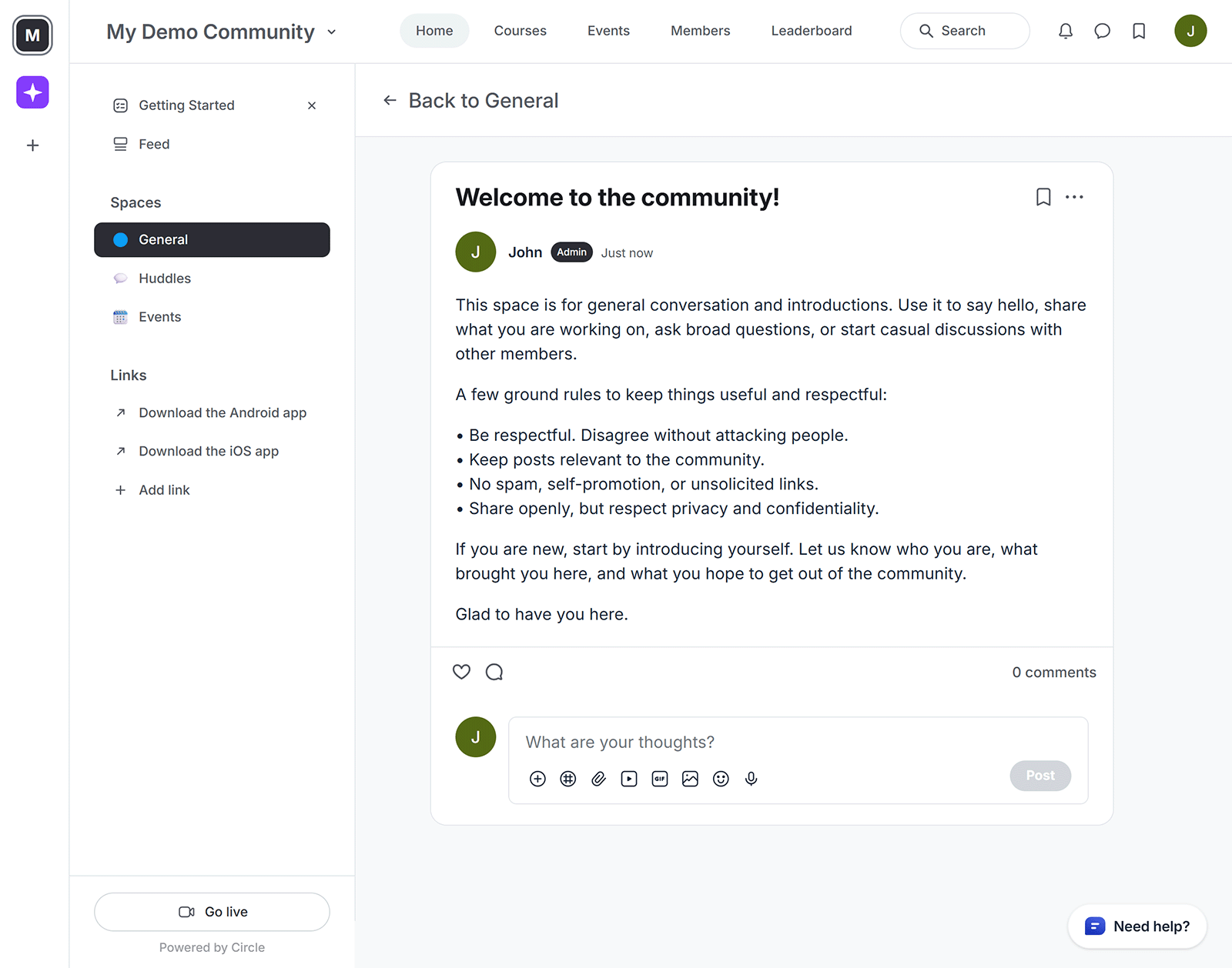 Circle community platform showing a welcome post inside a general discussion space.