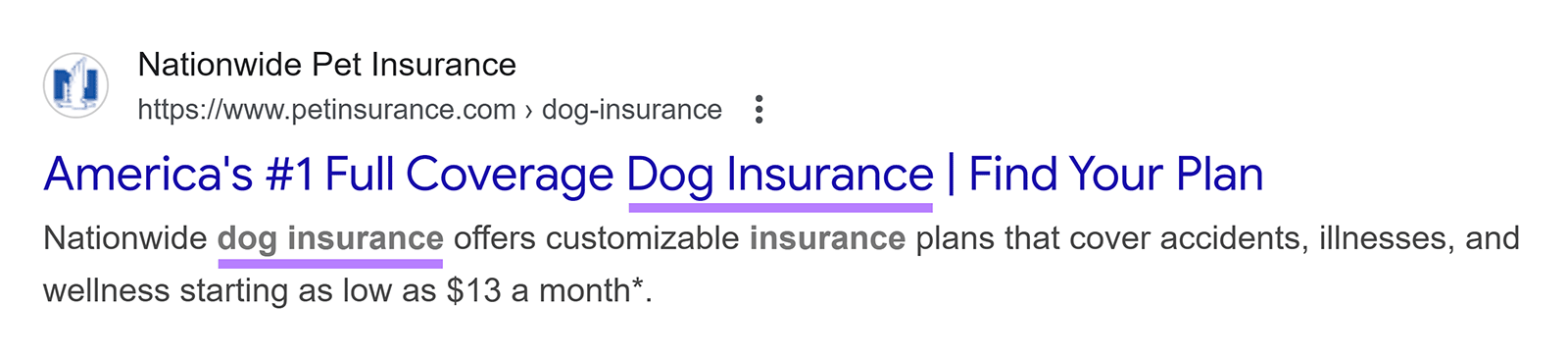 SERP result with 'dog insurance' keyword highlighted in title and meta description