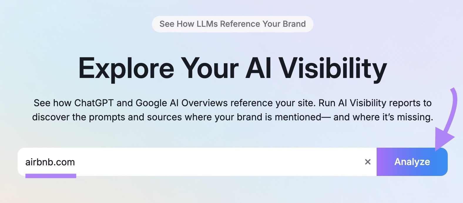 AI Visibility tool start with "airbnb.com" entered as the domain and "Analyze" clicked.