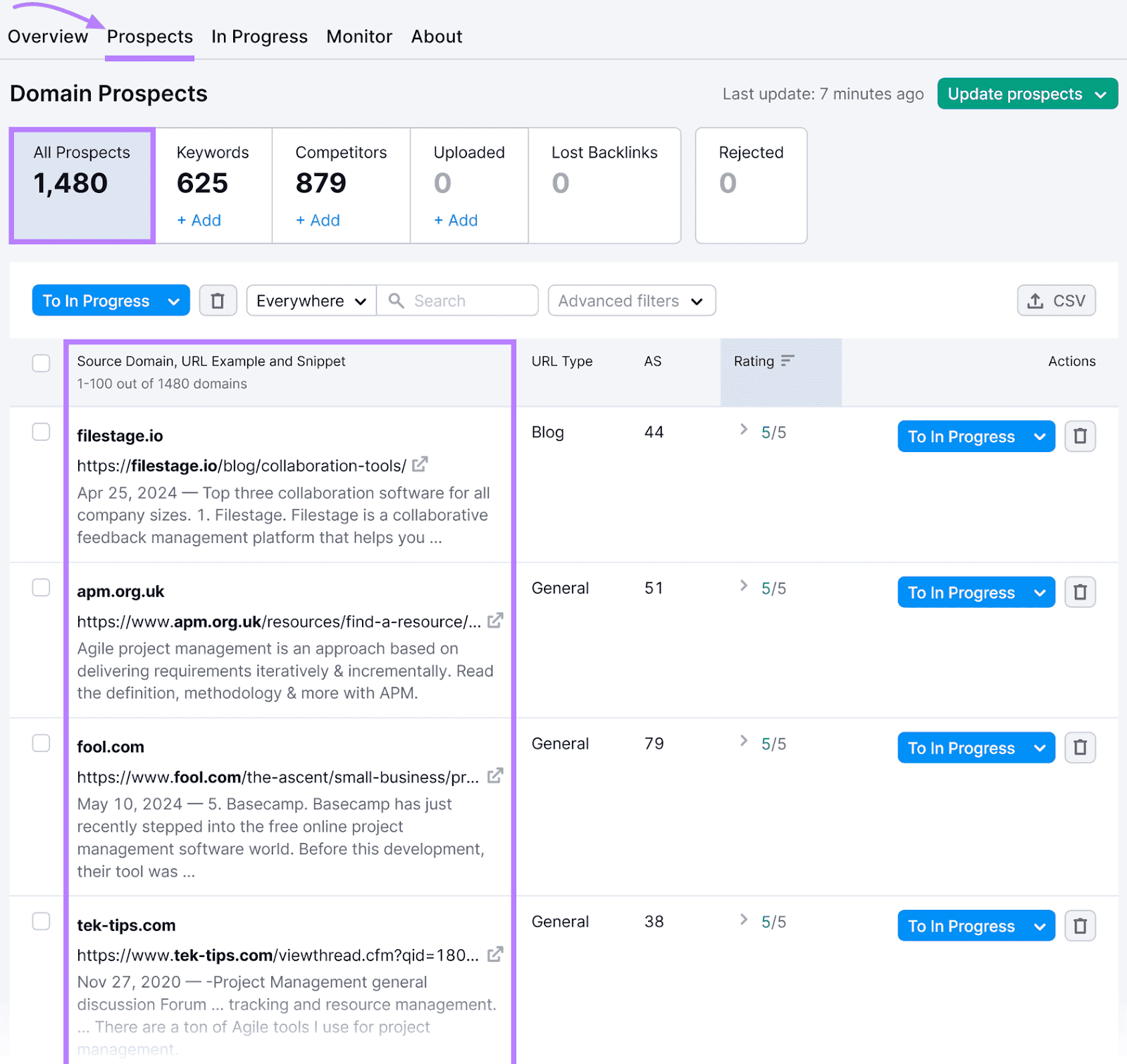 Link Building Tool "Prospects" tab displaying domain prospects with statistics and a list of entries including domain names.