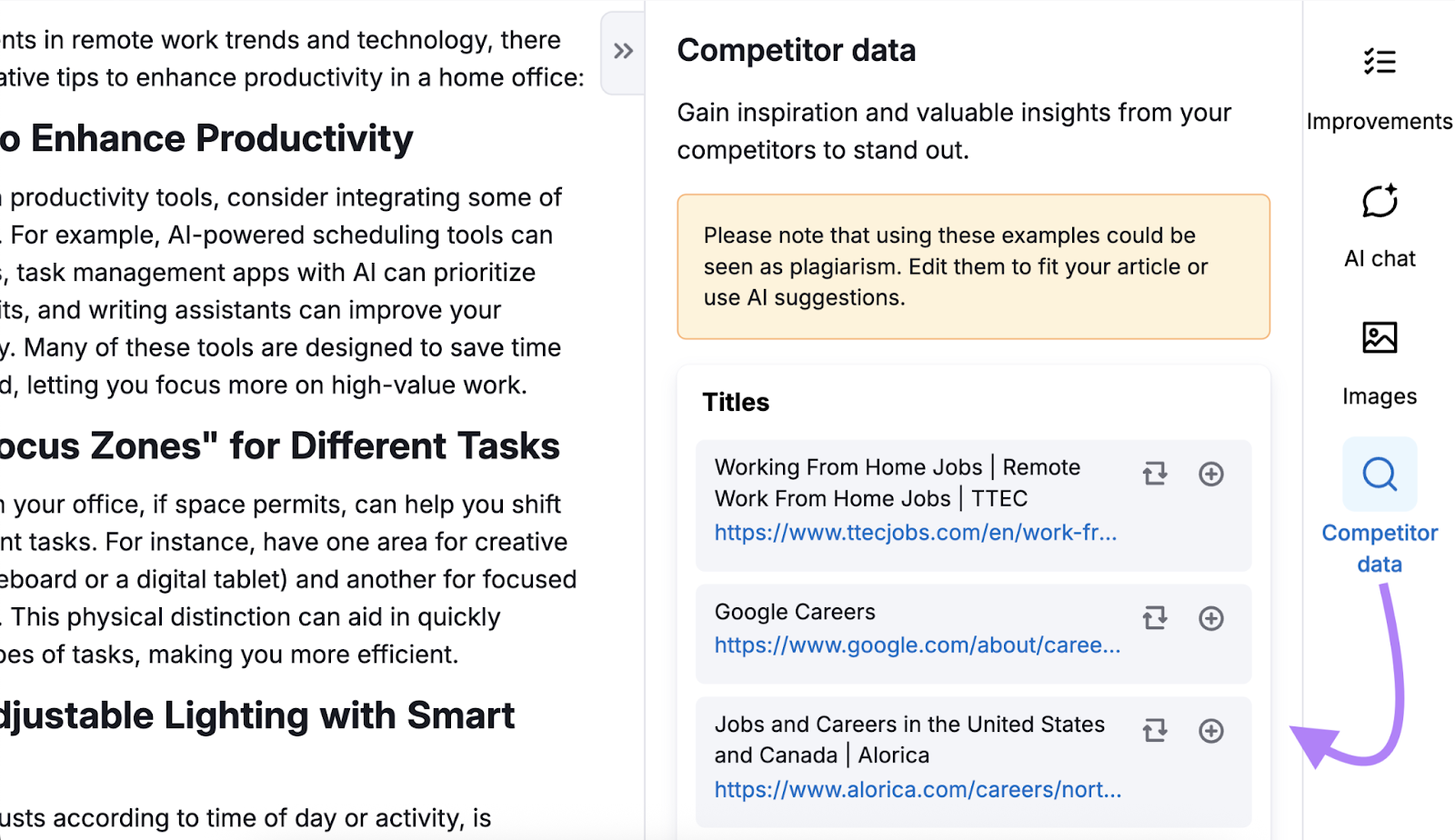 Competitor data shows a list of titles with their source URL.