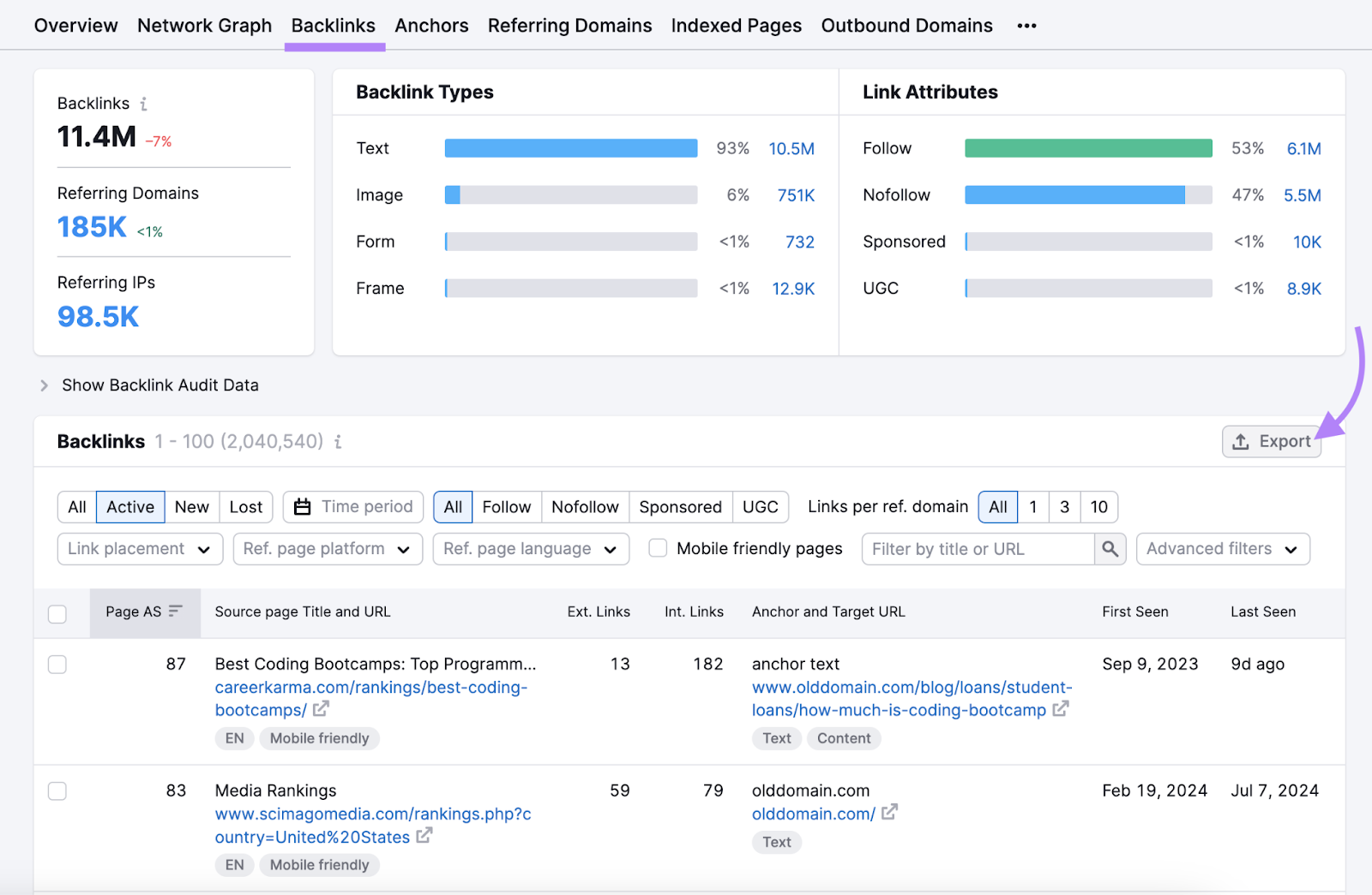 Backlinks tab highlighted with report showing source page linking to what anchor text and URL on the old domain