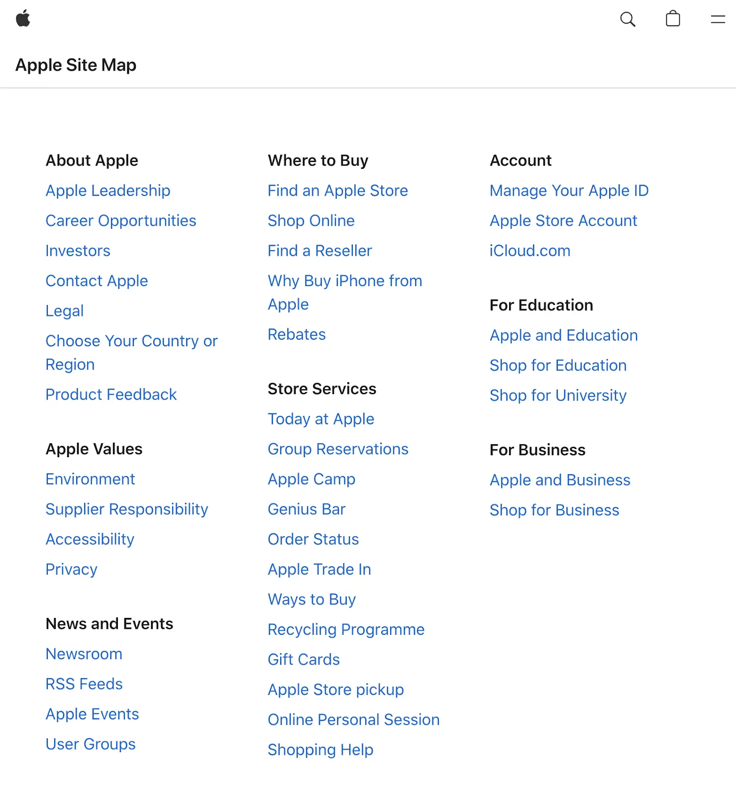 Apple’s HTML sitemap grouping links by product lines and support content.