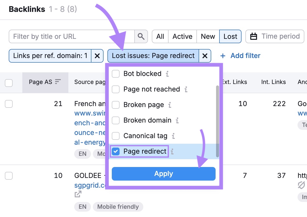 “+ Add filter” option clicked, “Lost issues” selected, the box next to “Page redirect” checked, & "Apply" clicked on the Backlinks report.
