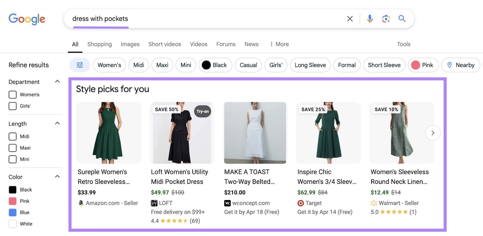 Google SERP for the term "dress with pockets" with the product listings appearing at the top highlighted.
