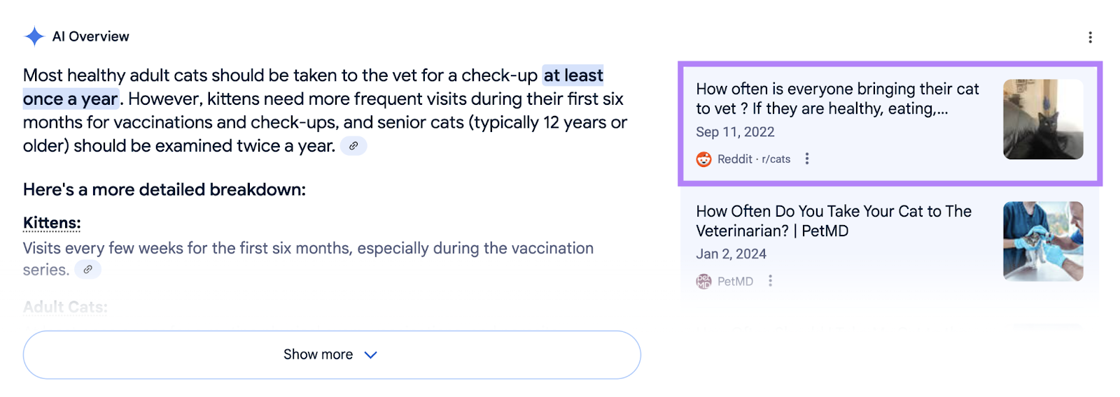 Reddit is highlighted as a source in an AI Overview.
