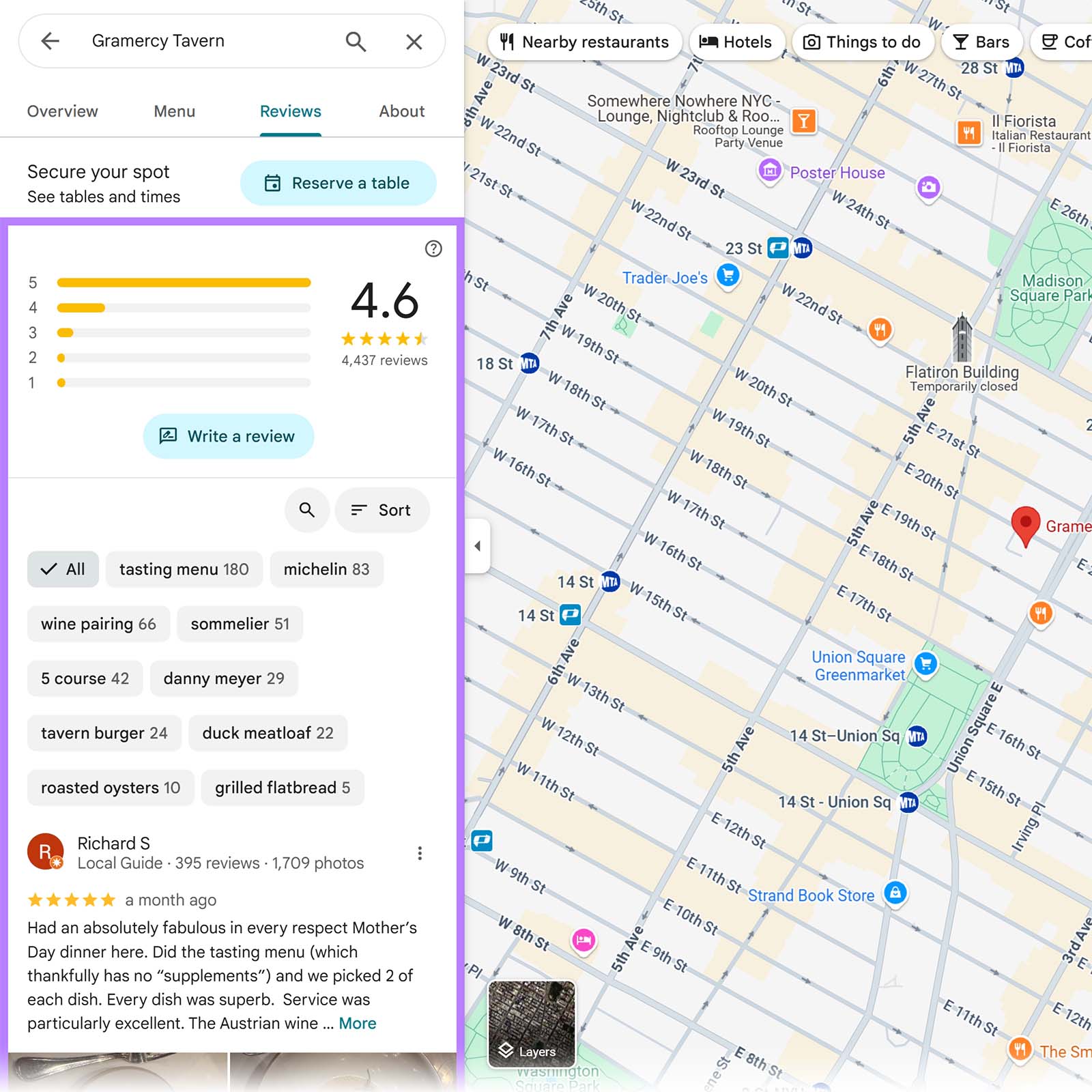 Google Maps screen showing Gramercy Tavern’s reviews tab with star rating, rating breakdown, and nearby map