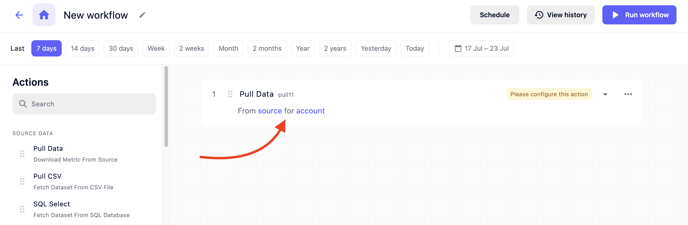 Selecting source and account to complete a workflow in Semrush&rsquo;s AI Automated Data Connector. 