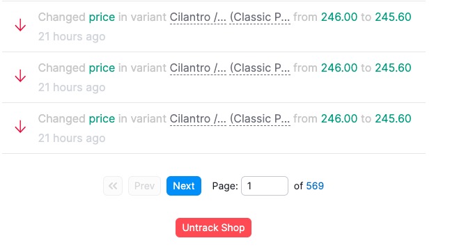 The bottom of the Shop Feed, with a page count and navigational buttons, followed by an &lsquo;Untrack Shop&rsquo; button in red.