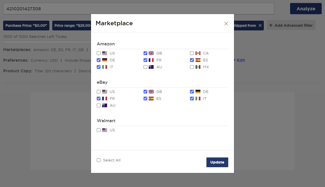 Selecting marketplaces in the &lsquo;Single Product Analysis&rsquo; feature of Product Research Pulse.