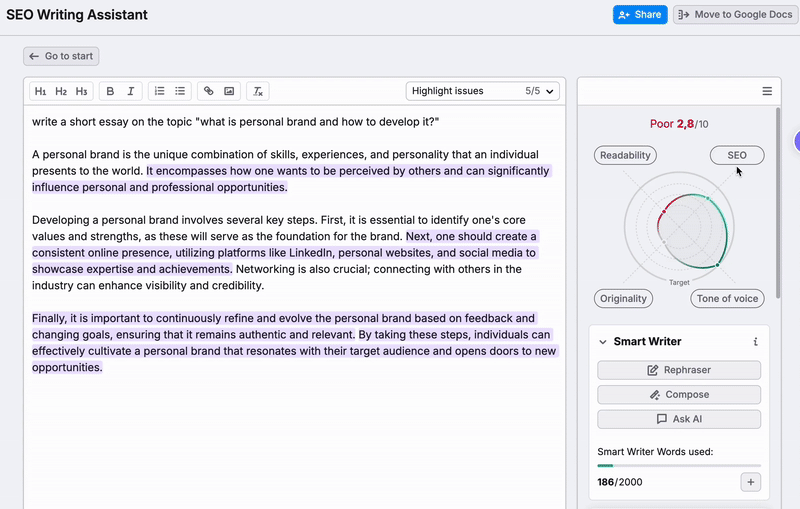 An example of different metrics affecting your SEO score that can be found by scrolling down the menu. 