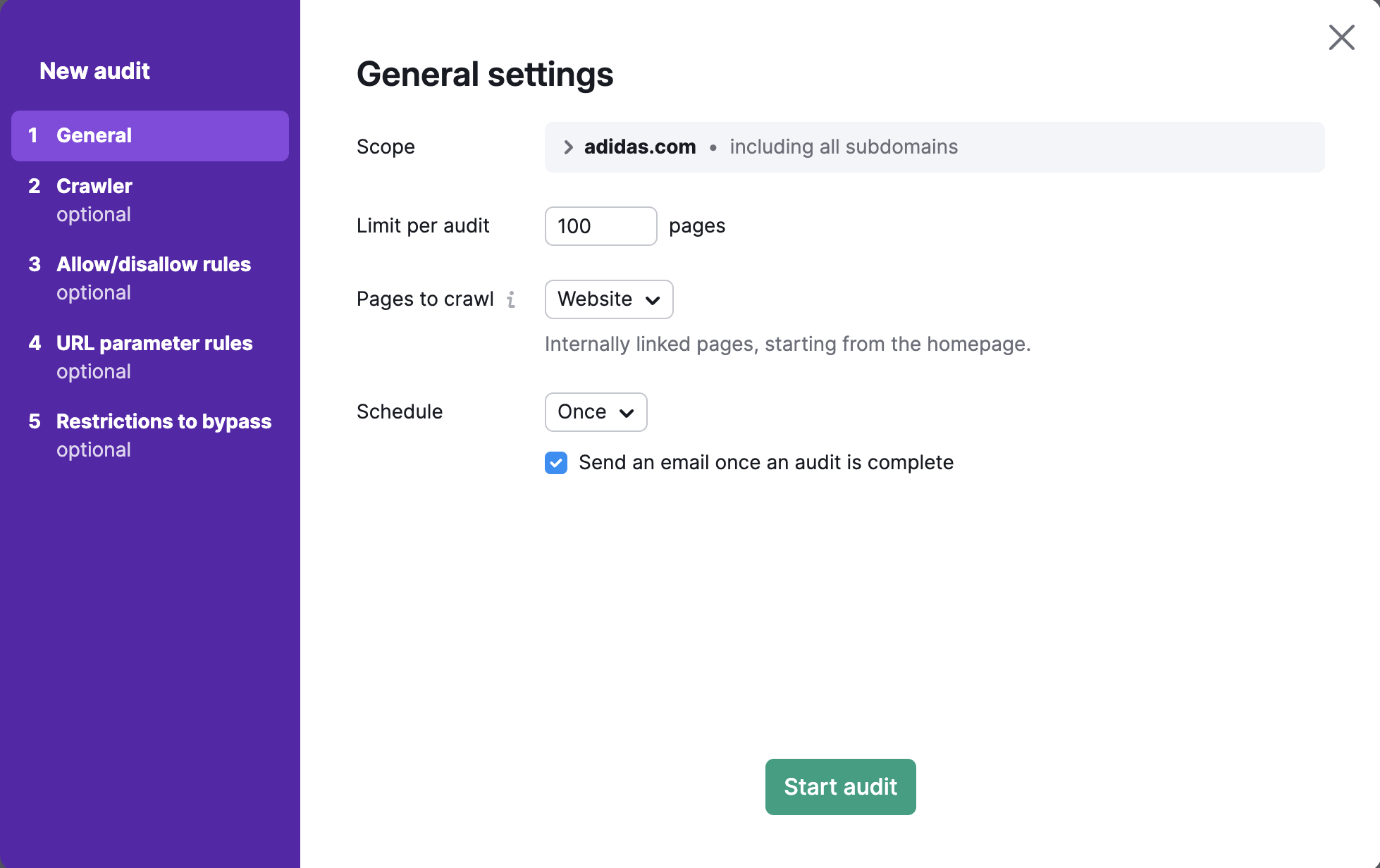 Site Audit settings wizard displaying the first step: General settings.