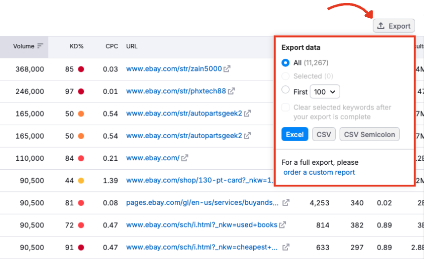 Export menu options for the Position Changes table.