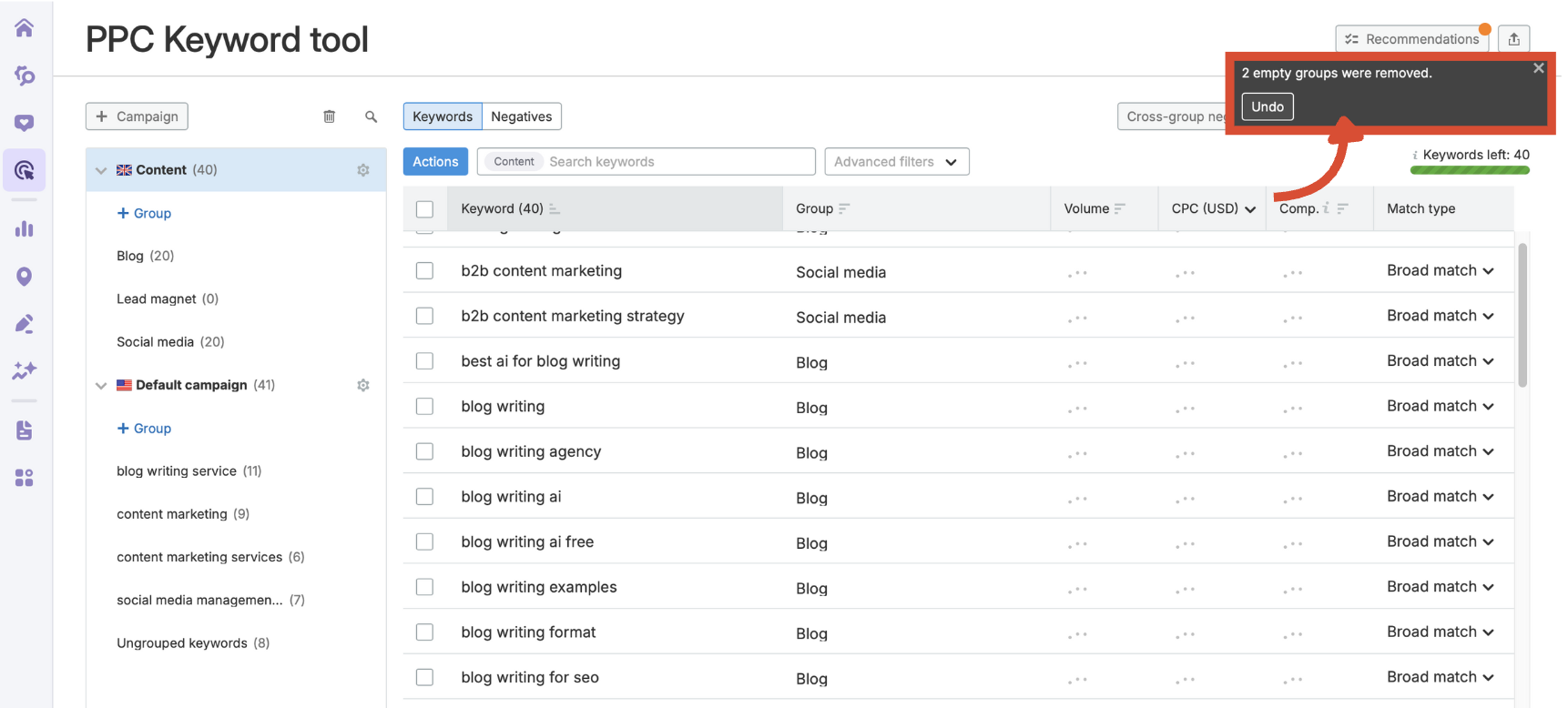 Remove empty ad group confirmation pop-up.