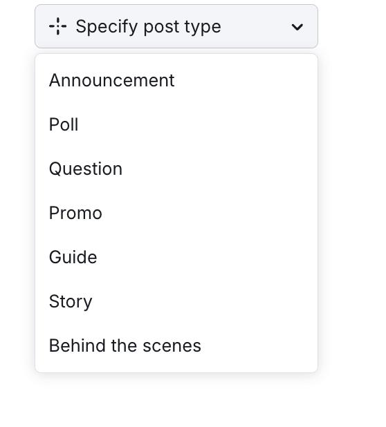 The Specify post type drop-down with options: announcement, poll, question, etc. 