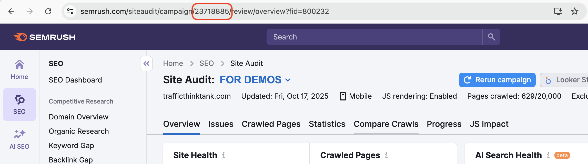 The top of the Site Audit tool inside the Semrush platform. A red rectangle highlights the campaign ID in the URL of the page. 