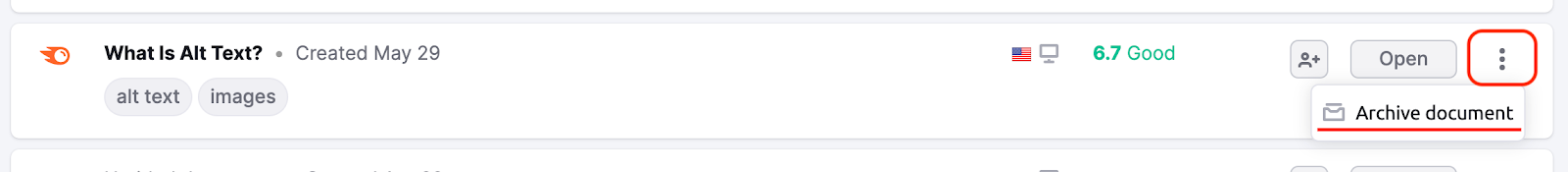 The Archive document button is located under the three dots to the right of the document. When clicking this, a button to archive the document appears.